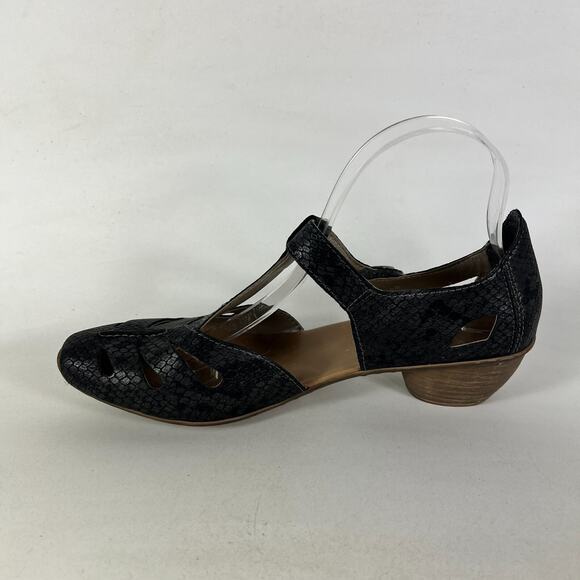 Rieker Mirjam 50 Pumps Women 8.5 Black Snakeskin Leather Hook & Loop Block Heel - Picture 6 of 10